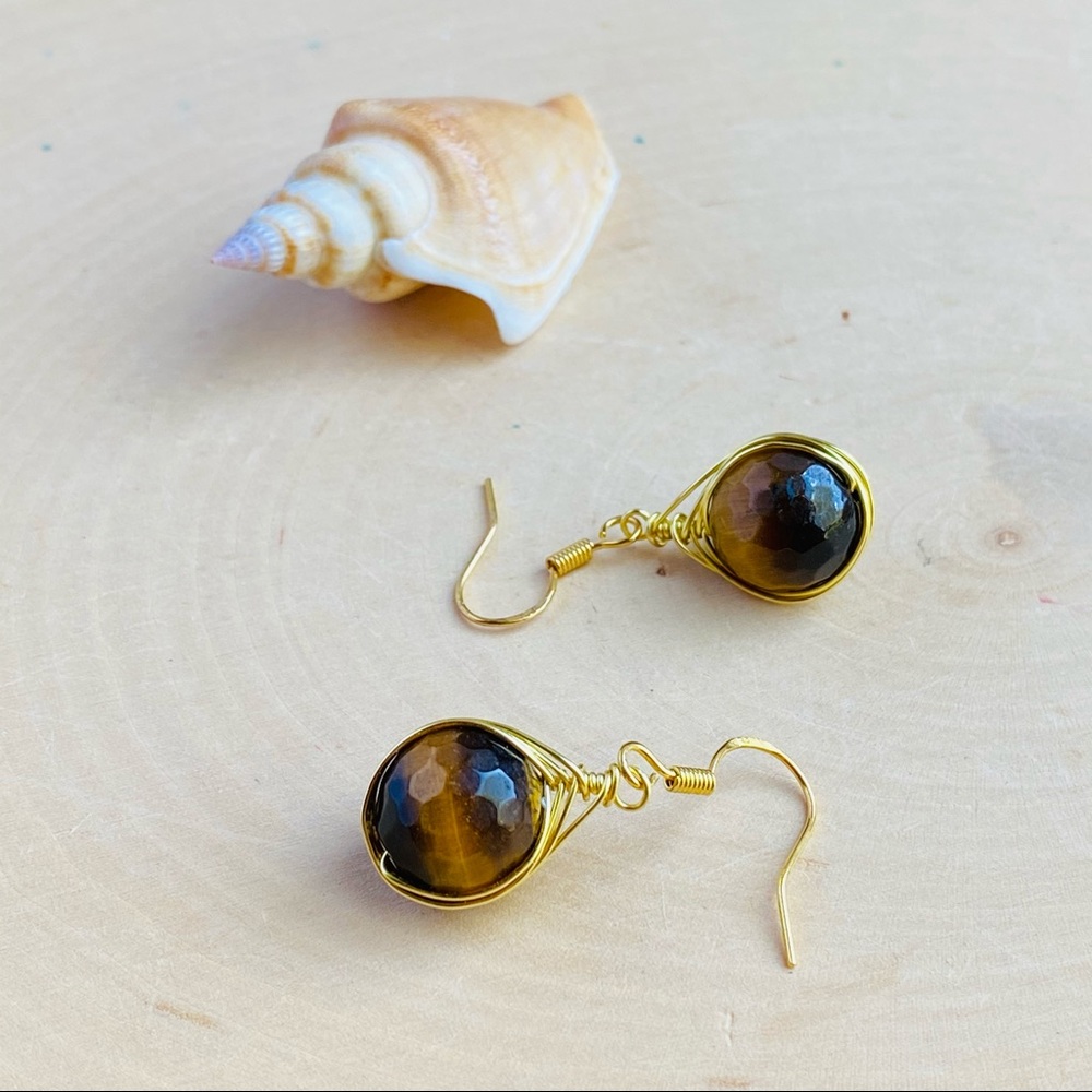 Tiger Eye Earrings Wire Wrapped Dangle Gold